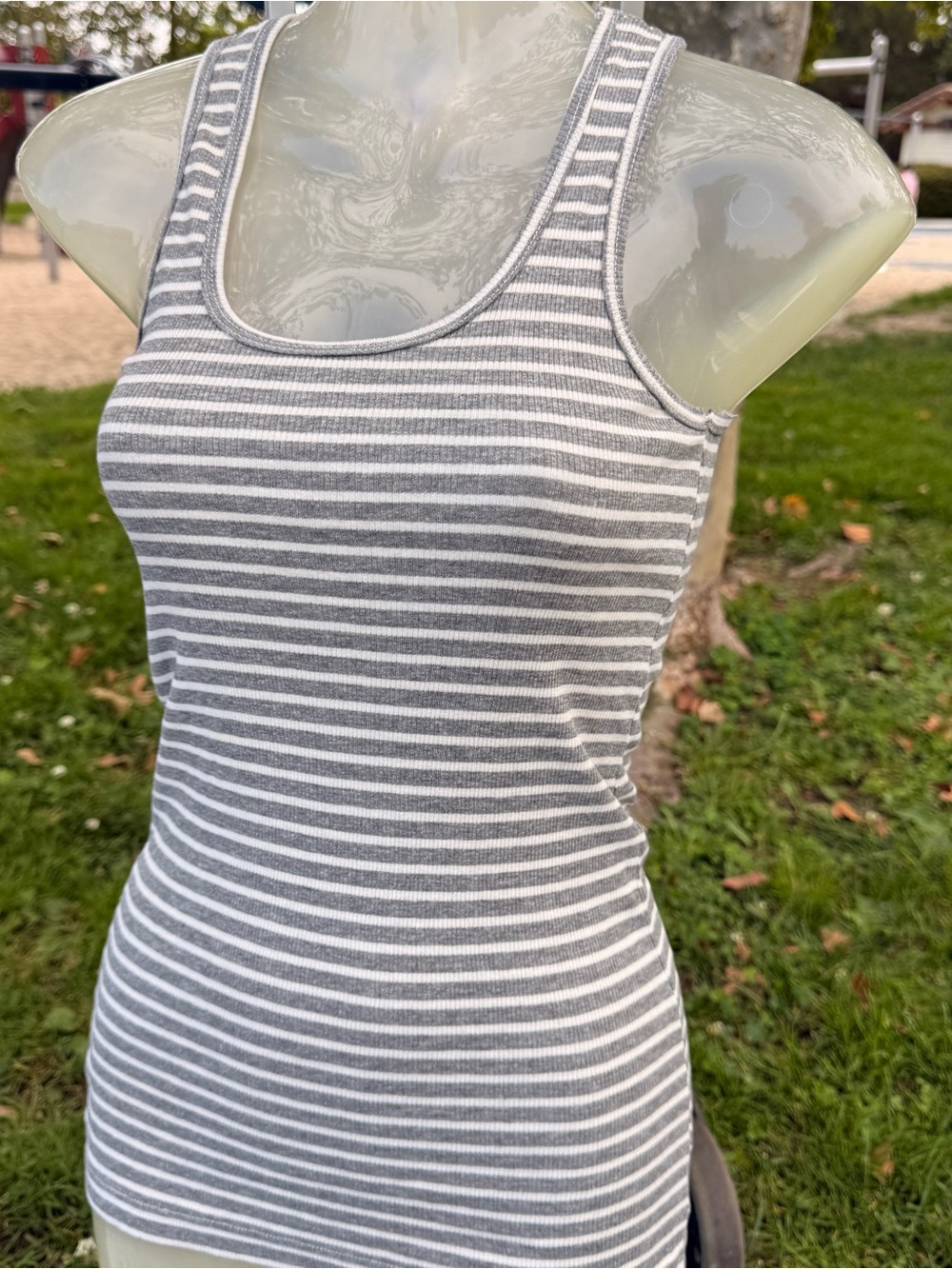 DREAM STATION Gray White Stripped Ribbed Tank Top Women SMALL S 100% COTTON